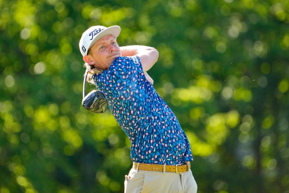 Jun 3, 2022; Dublin, Ohio, USA; Cameron Smith tees off on 18 during the second round of the Memorial Tournament at Muirfield Village Golf Club. Mandatory Credit: Adam Cairns-The Columbus Dispatch