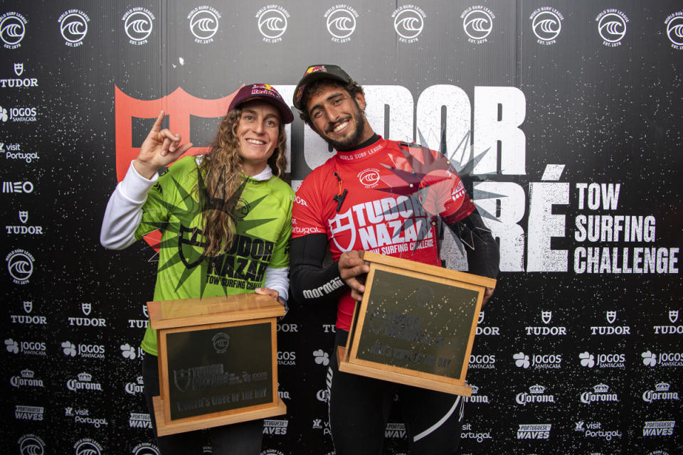 Dupont, accepting her award for dominating the 2021 Nazare Tow Surfing Challenge<p>Octavio Passos via Getty Images</p>