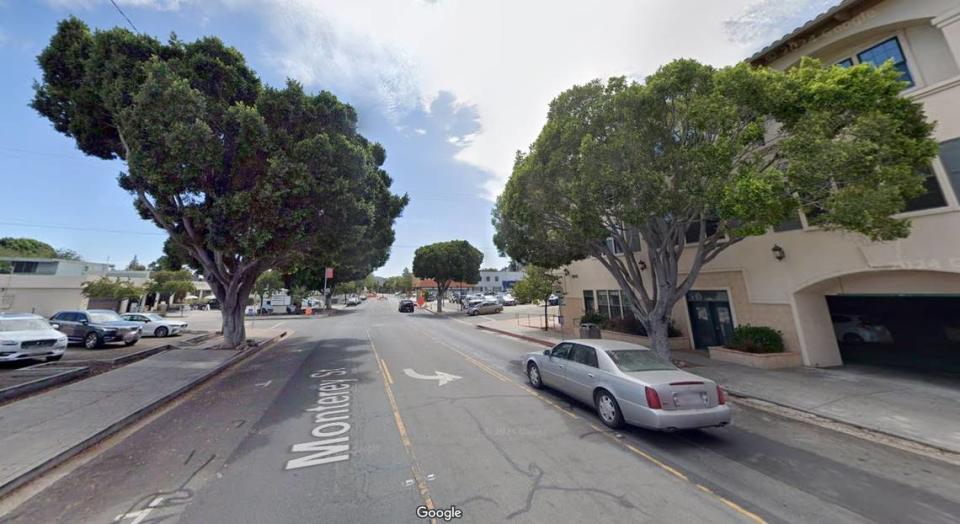 The city of San Luis Obispo removed six large ficus trees from Monterey Street after an arborist found the trees’ roots would impact plans to build ADA-compliant sidewalks along the street. A Google street view shows four of the removed trees at the intersection of Monterey and Toro streets in January 2021.