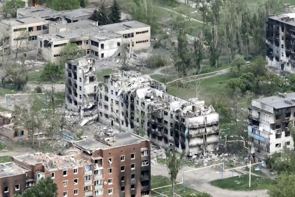 This drone footage obtained by The Associated Press shows the village of Ocheretyne, a target for Russian forces in the Donetsk region of eastern Ukraine. Ukraine’s military has acknowledged the Russians have gained a “foothold” in Ocheretyne, which had a population of about 3,000 before the war, but say fighting continues. No people could be seen in the footage, and no building in Ocheretyne appeared to have been left untouched by the fighting. (Kherson/Green via AP)