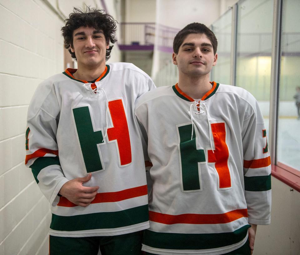 Hopkinton High School hockey players Pavit Mehra, left, and Dylan Mansur at the New England Sports Center, Feb. 8, 2023.