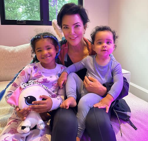 <p>Khloe Kardashian/Instagram</p> Khloé shared an adorable photo of Kris with her daughter, True, 5, and son, Tatum, 1, as she celebrated her birthday