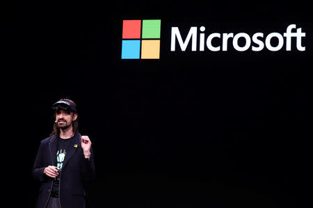 Microsoft's Alex Kipman, the man responsible for the HoloLens augmented reality device, presents the HoloLens 2 ahead of the Mobile World Congress in Barcelona, Spain February 24, 2019. REUTERS/Sergio Perez