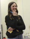 Jessica Dringenberg teaches her fifth grade class at Endeavor Elementary on Feb. 29, 2024, in Nampa, Idaho. Dringenberg’s son attends an onsite daycare at the school. (Carly Flandro/Idaho Education News via AP)