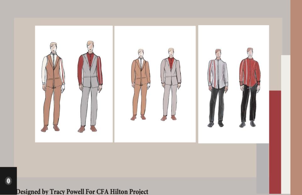 Front desk uniforms by local designer Tracy Powell. Pursuit will supply men's suits for the staff.