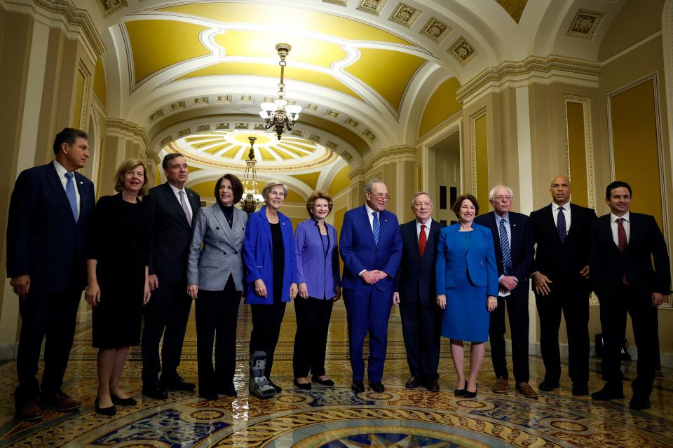 WASHINGTON, DC - DECEMBER 08: Senate Democratic Leadership Members pose for a group photo after their caucus held leadership elections for the 118th Congress at the U.S. Capitol Building on December 08, 2022 in Washington, DC. During the elections Senate Democrats unanimously re-elected Senate Majority Leader Chuck Schumer (D-NY) as Senate Democratic Leader and Chair of the Conference. The leaders include Sen. Joe Manchin (D-WV), Sen. Tammy Baldwin (D-WI), Sen. Mark Warner (D-VA), Sen. Catherine Cortez Masto (D-NV), Sen. Elizabeth Warren (D-MA), Sen. Debbie Stabenow (D-MI), Sen. Chuck Schumer (D-NY), Sen. Richard Durbin (D-IL), Sen. Amy Klobuchar (D-MN), Sen. Bernie Sanders (I-VT), Sen. Cory Booker (D-NJ) and Sen. Brian Schatz (D-HI) (Photo by Anna Moneymaker/Getty Images) ORG XMIT: 775909910 ORIG FILE ID: 1447703523