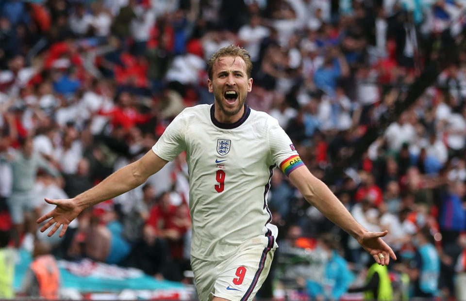 Harry Kane (pictued) celebrates after scoring their side's second goal during the UEFA Euro 2020 Championship Round of 16 match between England and Germany at Wembley Stadium