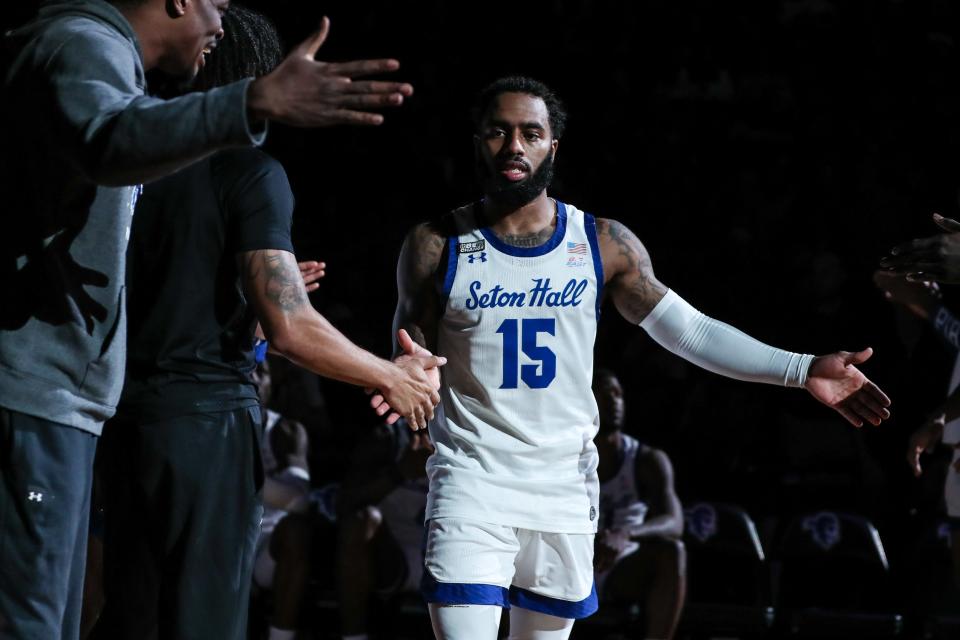 Nov 12, 2022; Newark, New Jersey, USA;  Seton Hall Pirates guard Jamir Harris (15) at Prudential Center. Mandatory Credit: Wendell Cruz-USA TODAY Sports