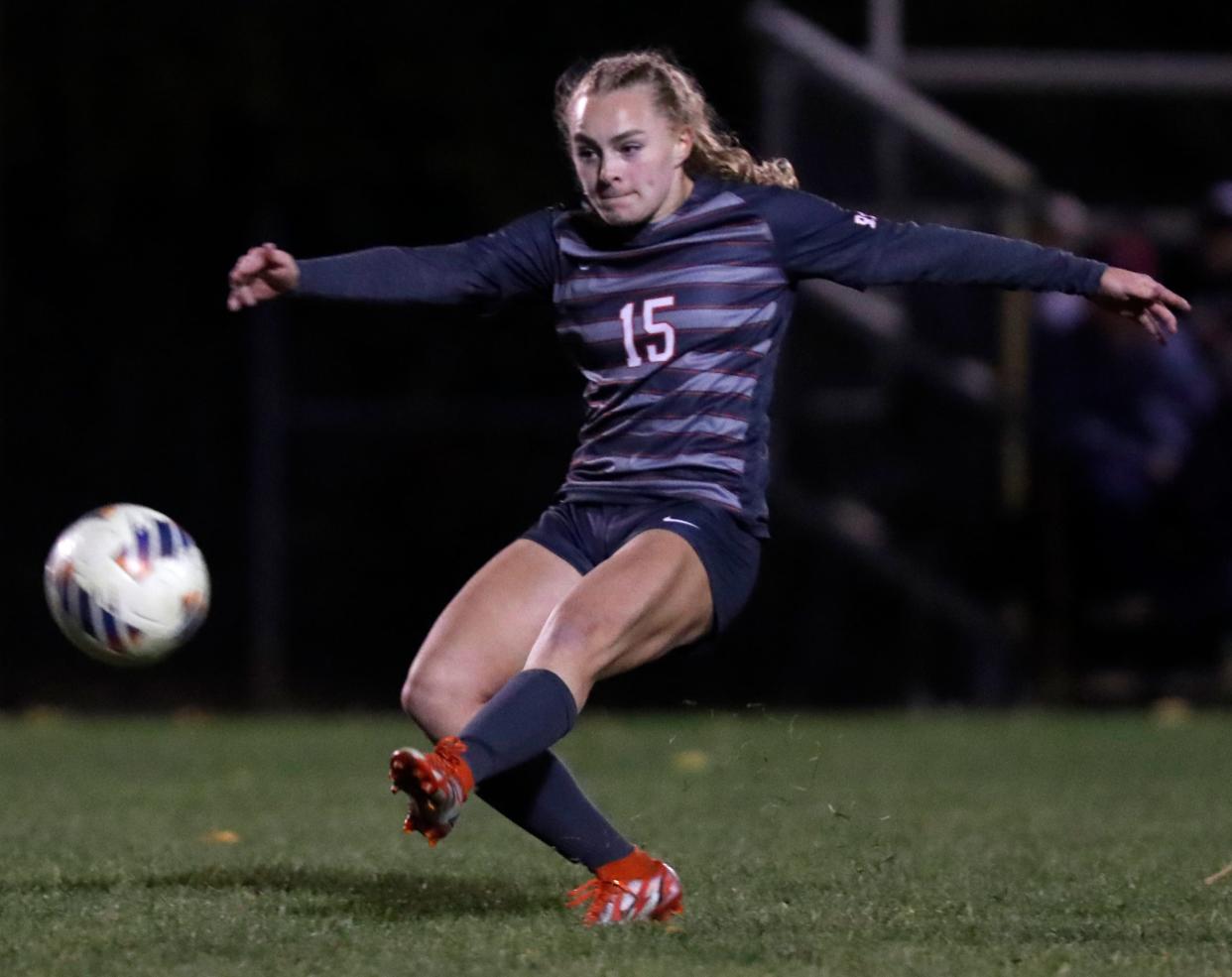 West Lafayette Red Devils defender Dylan Kastens (15) shoots the ball during the IHSAA girls soccer regional game against the Hanover Central Wildcats, Thursday, Oct. 13, 2022, at West Lafayette High School in West Lafayette, Ind. 