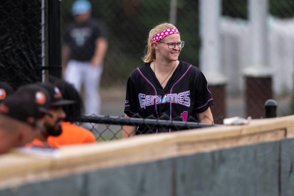 Alexis “Scrappy” Hopkins, the bullpen catcher for the Lexington Wild Health Genomes, was drafted this past offseason and is one of the few women on a professional baseball roster. Silas Walker/swalker@herald-leader.com