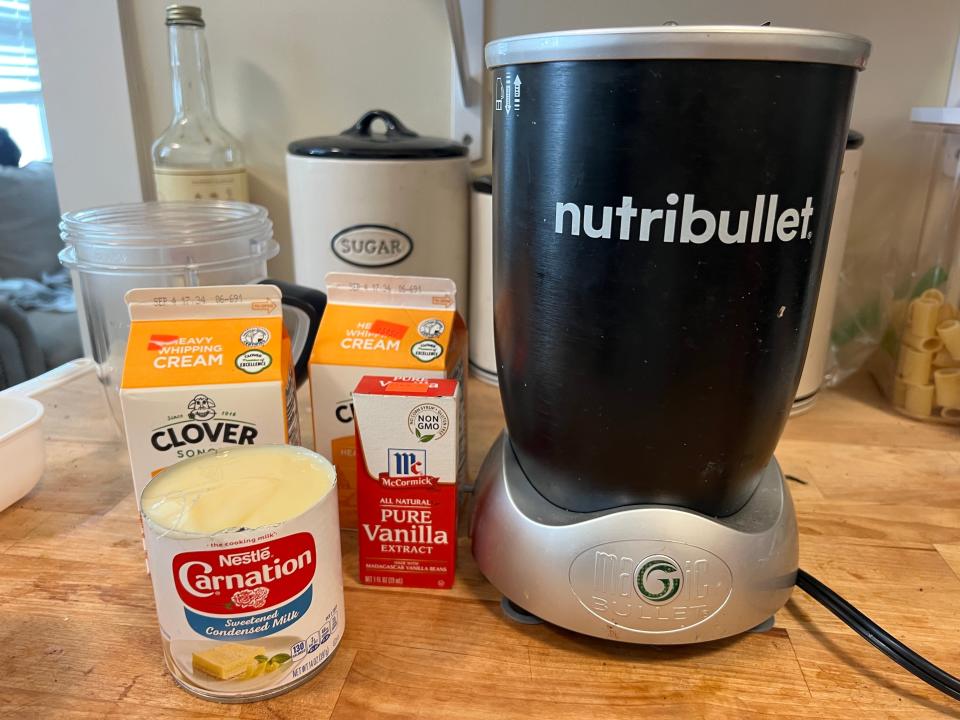 Ingredients and Nutribullet for three-ingredient ice cream method