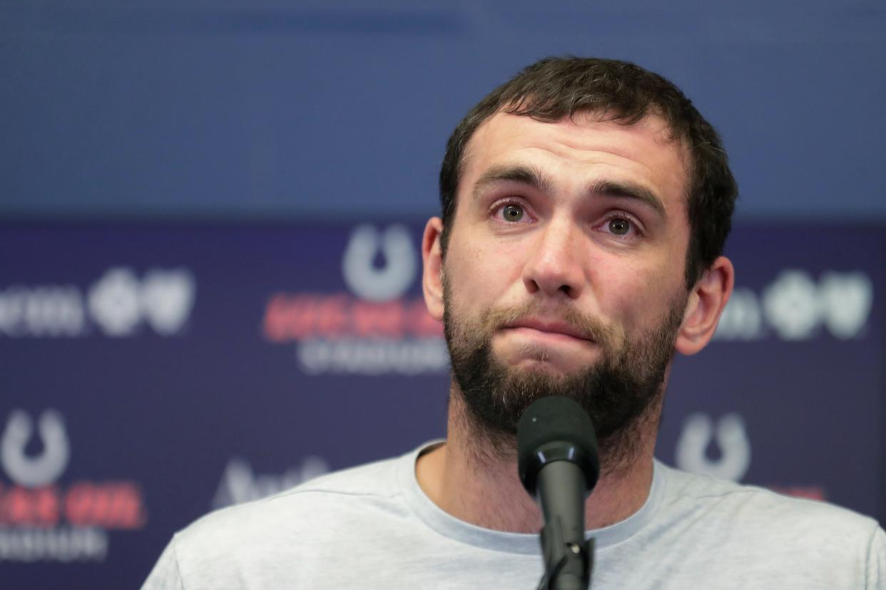 In this Saturday, Aug. 24, 2019, file photo, Indianapolis Colts quarterback Andrew Luck speaks during a news conference following the team's NFL preseason football game against the Chicago Bears in Indianapolis. Luck shocked the sports world when he announced his retirement at age 29 two weeks before the 2019 NFL season began.