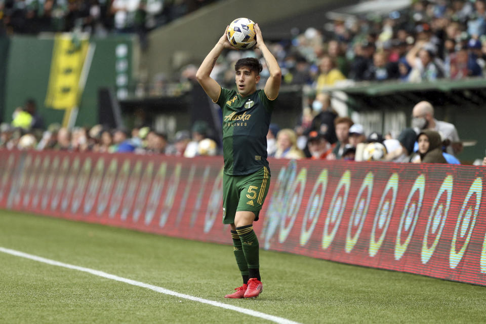 Portland Timbers defender Claudio Bravo gets ready to throw the ball in against Los Angeles FC during an MLS soccer match Sunday, Sept. 19, 2021, in Portland, Ore. (Sean Meagher/The Oregonian via AP)