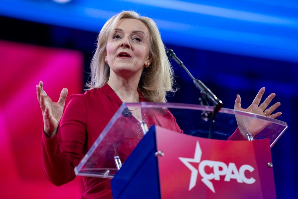 Truss addresses America’s right-wing at CPAC earlier this year (EPA)
