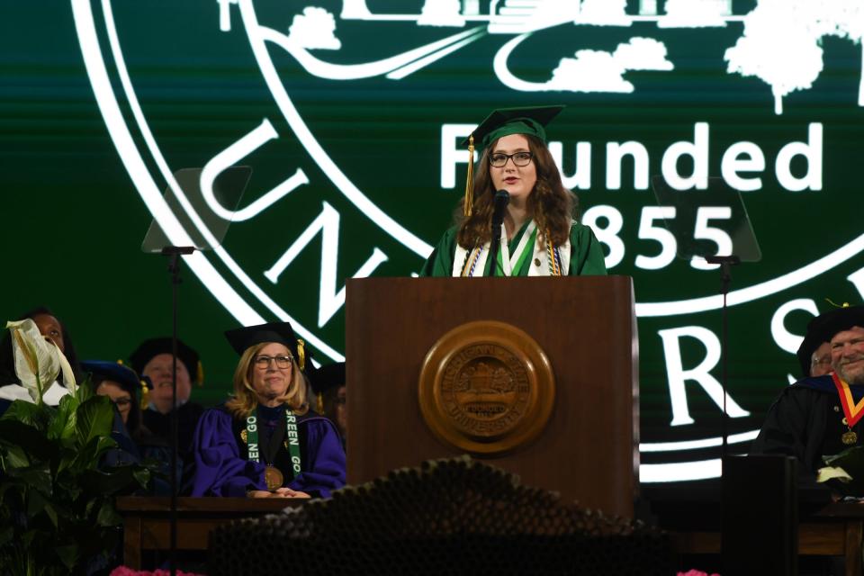 Class of 2023 member Elyse Baden addresses her senior class, Friday, May 5, 2023, during the Michigan State University 2023 Spring Commencement at the Breslin Center in East Lansing.