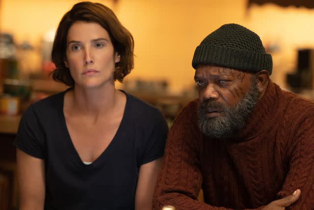 Des Willie/MARVEL Cobie Smulders as Maria Hill and Samuel L. Jackson as Nick Fury in "Secret Invasion"