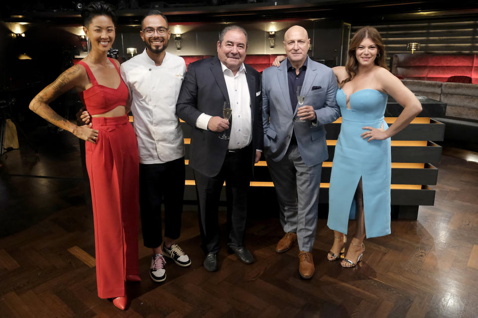 (L-R) Kristen Kish, Danny Garcia, Emeril Lagasse, Tom Colicchio, Gail Simmons