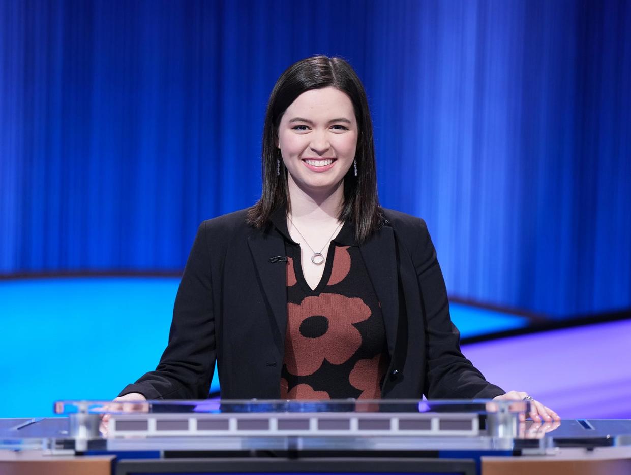 Claire Sattler on the set of "Jeopardy!" in January 2023. She's appearing in the show's High School Reunion Tournament in February.