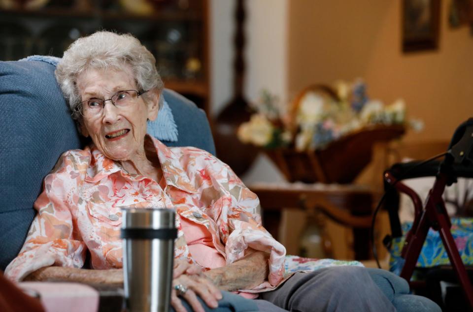 Virginia Morrow, 100, talks about her life and being this years recipient of the Springfield Art Museum's Art In Bloom People's Choice Award at her home in Sparta on Friday, May 13, 2022.