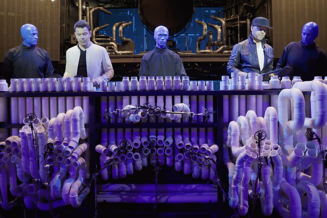 <p>NKOTB/Youtube</p> New Kids on the Block with Blue Man Group