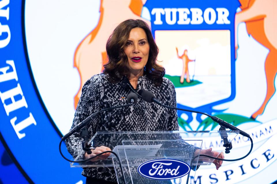 Michigan Gov. Gretchen Whitmer speaks about the BlueOval Battery Park Michigan to be built in Marshall during a press announcement at Ford Ion Park in Romulus on Monday, February 13, 2023.