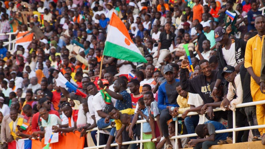 During a demonstration this week at a stadium in Niger’s capital, Niamey, coup supporters watched Mohamed Toumba, one of the leading figures of the National Council for the Protection of the Fatherland, the group that now rules the nation after capturing President Mohamed Bazoum late last month. (Photo by Balima Boureima/Anadolu Agency via Getty Images)