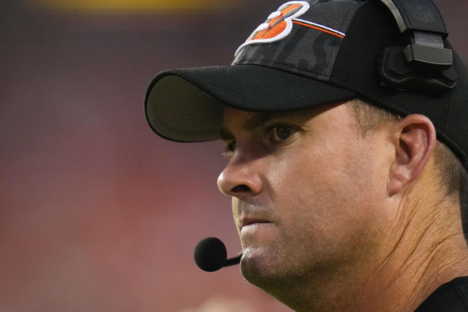 Cincinnati Bengals head coach Zac Taylor during the second half of an NFL preseason football game against the Washington Commanders, Saturday, Aug. 26, 2023, in Landover, Md. (AP Photo/Julio Cortez)