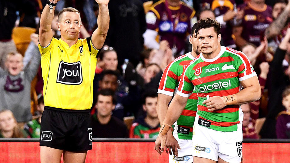 James Roberts of the Rabbitohs is sent to the sin bin for illegal contact with Corey Oates of the Broncos. (Photo by Bradley Kanaris/Getty Images)