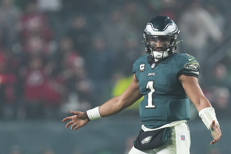 PHILADELPHIA, PENNSYLVANIA - DECEMBER 3: Jalen Hurts #1 of the Philadelphia Eagles reacts against the San Francisco 49ers at Lincoln Financial Field on December 3, 2023 in Philadelphia, Pennsylvania. (Photo by Mitchell Leff/Getty Images)