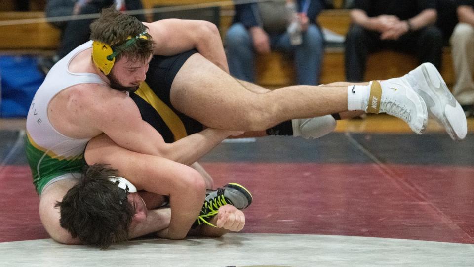 Audubon's Scott Lynch, left, controls Southern's Anthony Evangelista during the 285 lb. championship bout of the Region 7 wrestling tournament at Cherry Hill East High School on Saturday, February 25, 2023.  Lynch defeated Evangelista, 7-1.  