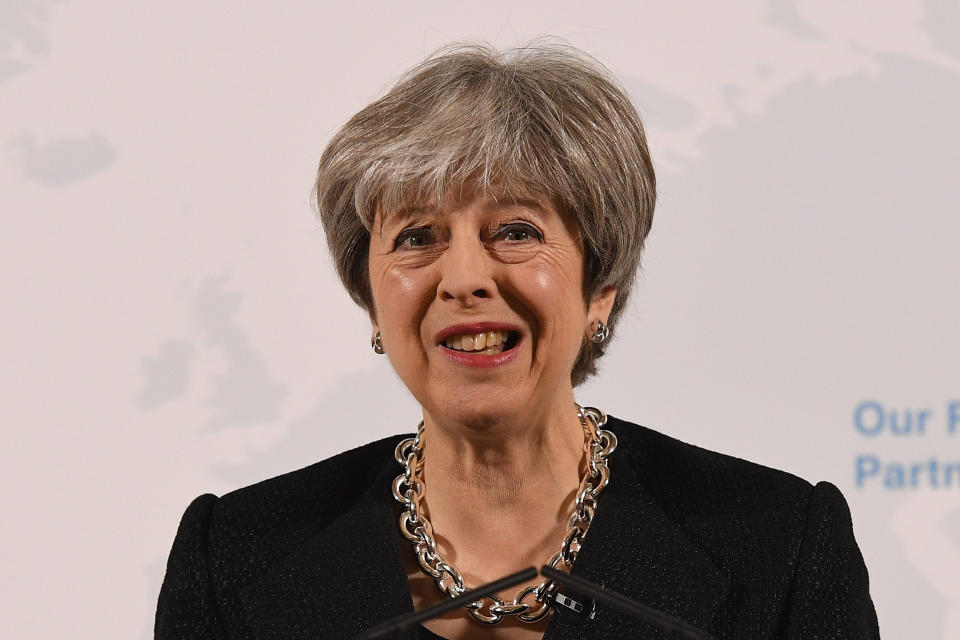 Prime Minister Theresa May delivers a speech at the Mansion House in London on the UK’s economic partnership with the EU after Brexit in March 2018. (PA)