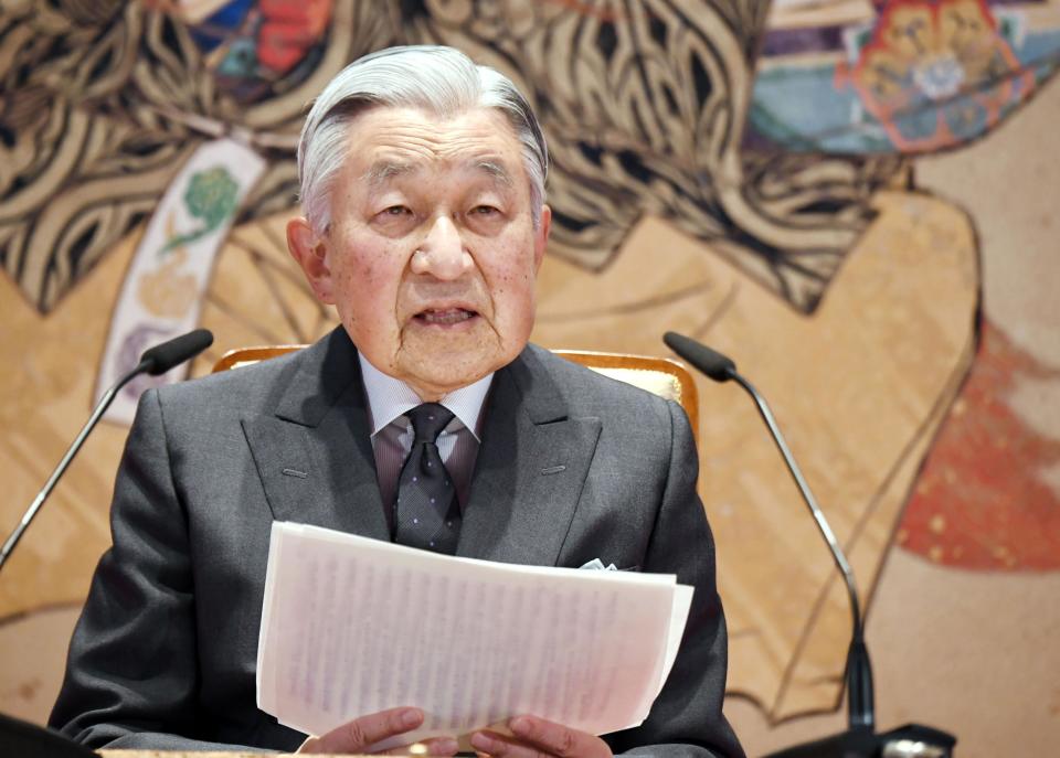 In this Dec. 20, 2018, photo, Japan's Emperor Akihito speaks during a press conference, ahead of his Dec. 23, 2018, birthday at the Imperial Palace in Tokyo. Emperor Akihito, marking his 85th birthday — his last before his upcoming abdication — said he feels relieved that his reign is coming to an end without having seen his country at war and that it is important to keep telling younger people about his nation's wartime history. (Kyodo News via AP)