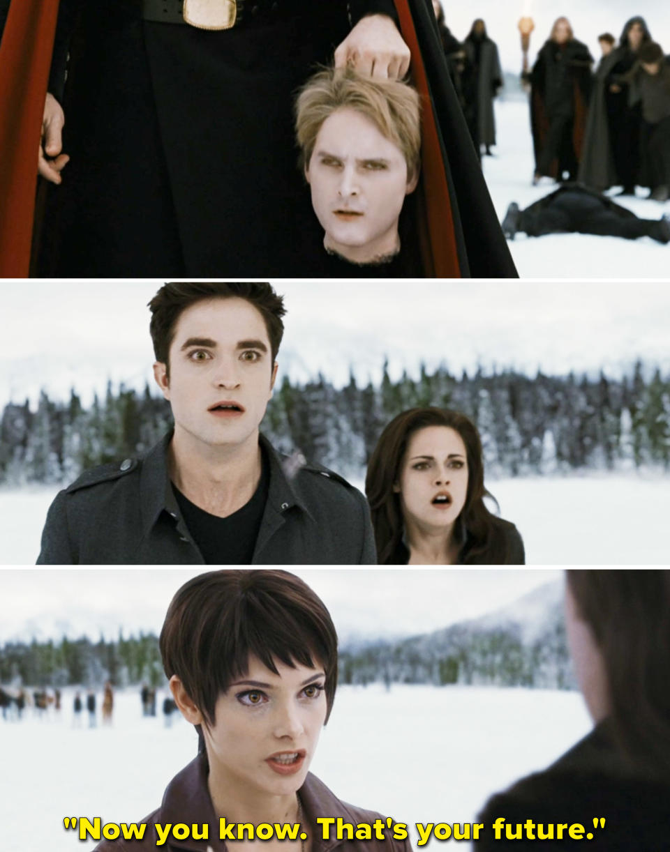 Edward and Bella looking stunned as they see Carlisle's head