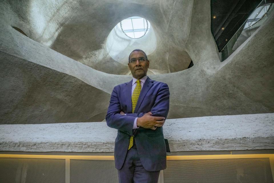Sean Decatur, president of the American Museum of Natural History, poses inside the museum's Gilder Center exhibition gallery, Tuesday, Oct. 17, 2023, in New York. (AP Photo/Bebeto Matthews)