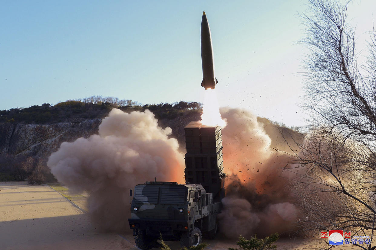 This undated photo provided Sunday, April 17, 2022, by the North Korean government shows a firing of a weapon an undisclosed location in North Korea. It said Sunday the country has successfully test-launched a newly developed tactical guided weapon. The official Korean Central News Agency said leader Kim Jong Un observed the launch. Independent journalists were not given access to cover the event depicted in this image distributed by the North Korean government. The content of this image is as provided and cannot be independently verified. Korean language watermark on image as provided by source reads: "KCNA" which is the abbreviation for Korean Central News Agency. (Korean Central News Agency/Korea News Service via AP)