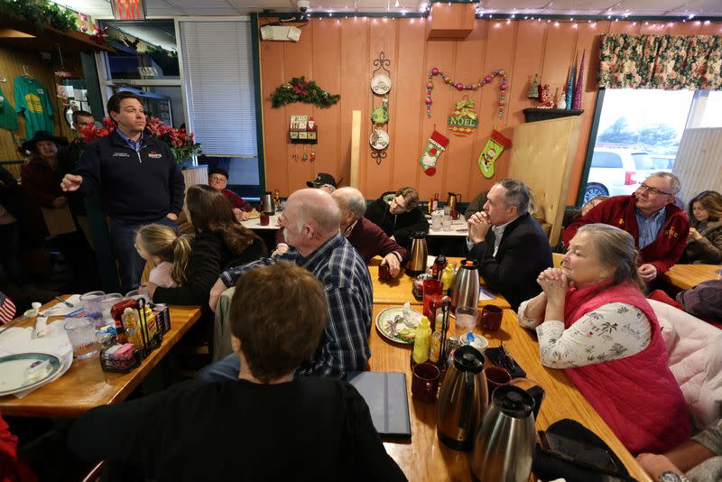 Republican presidential candidate Florida Governor DeSantis attends a campaign event at the Johnnie Mars Family Restaurant