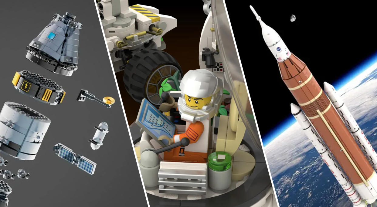  Three different spacecraft made out of plastic bricks. 