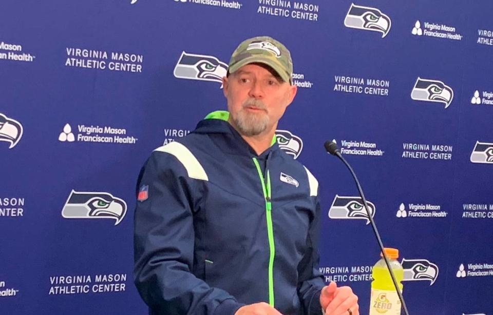 New Seahawks offensive coordinator Ryan Grubb, former Washington Huskies play caller, on June 3, 2024, following the seventh of 10 NFL organized team activities practices (OTAs) at the Virginia Mason Athletic Center in Renton.