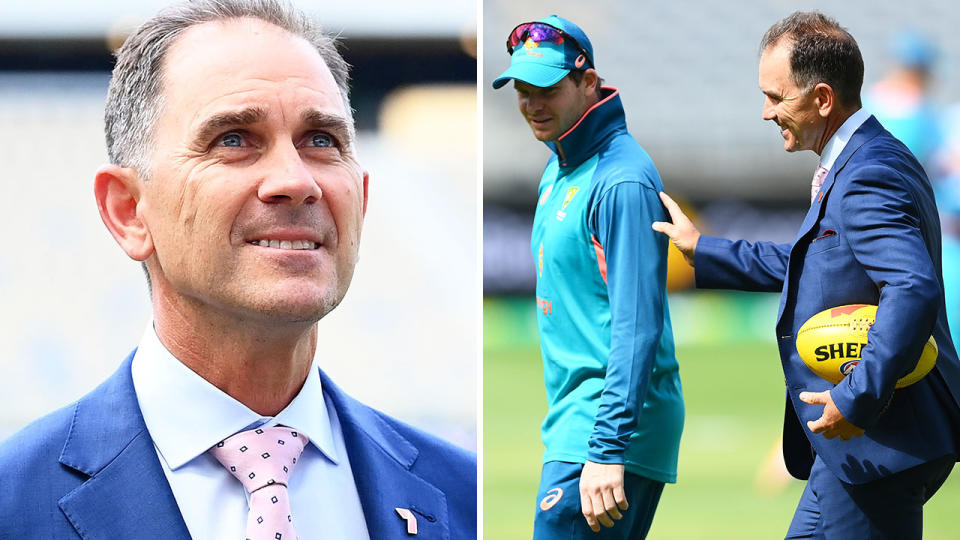 Justin Langer is pictured left, and on the right Langer touches Steve Smith arm in conversation.