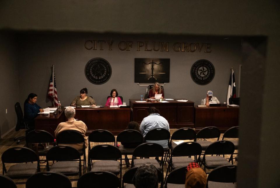The Plum Grove City Council holds a meeting, Monday, Feb. 12, 2024, in Plum Grove. (Antranik Tavitian/Houston Landing)