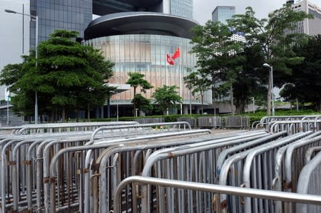 Barriers are seen outside the Legislative Council in Hong Kong