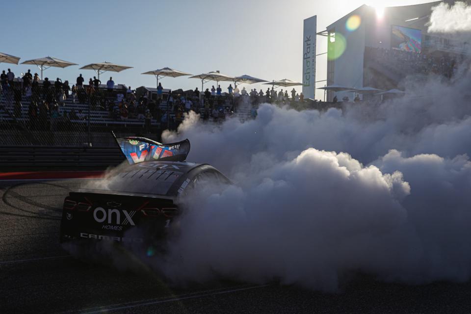 Ross Chastain does a celebratory burnout after winning last year's EchoPark Automotive Grand Prix at Circuit of the Americas. He's back in Austin this week to defend his title as NASCAR returns to COTA.