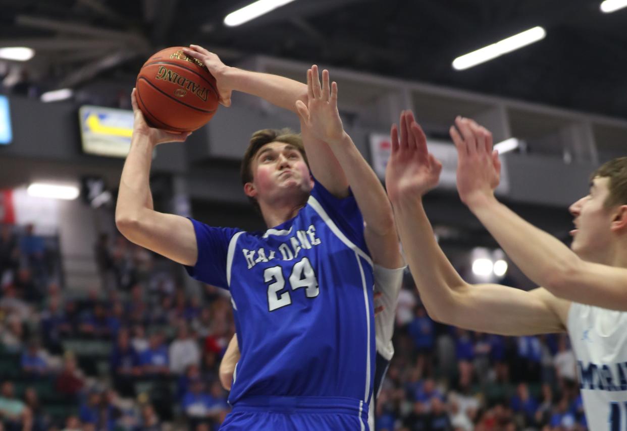 Haldane's Matthew Nachamkin (24) drives to the basket against Moravia during the Class C state championship game at the Cool Insuring Arena in Glens Falls, New York March 16, 2024. Moravia won the game 41-38.