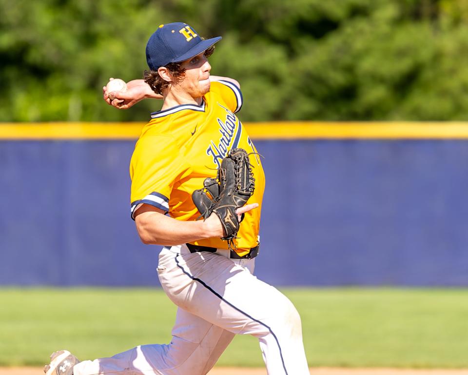 Hartland's Justin Fisher allowed one run to lower his earned run average to 1.42 during a 4-1 victory over Howell Wednesday, May 8, 2024.