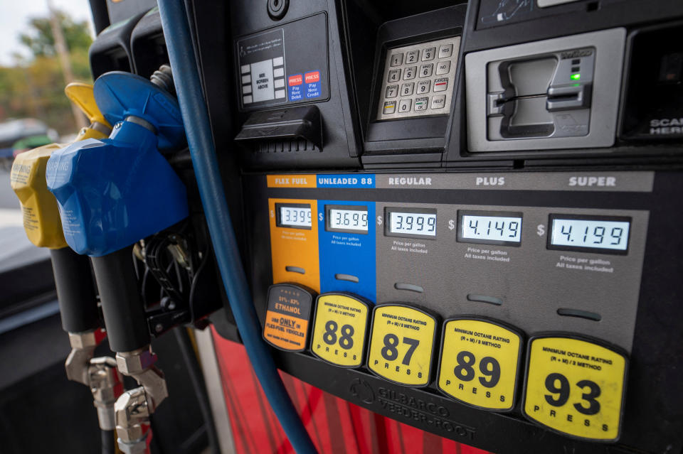 Gasoline prices are displayed at a gas station in Wilkes-Barre, Pennsylvania, U.S. October 19, 2022.  REUTERS/Aimee Dilger