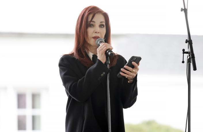 Priscilla Presley speaks at the public memorial for Lisa Marie Presley. (Jason Kempin / Getty Images for ABA)
