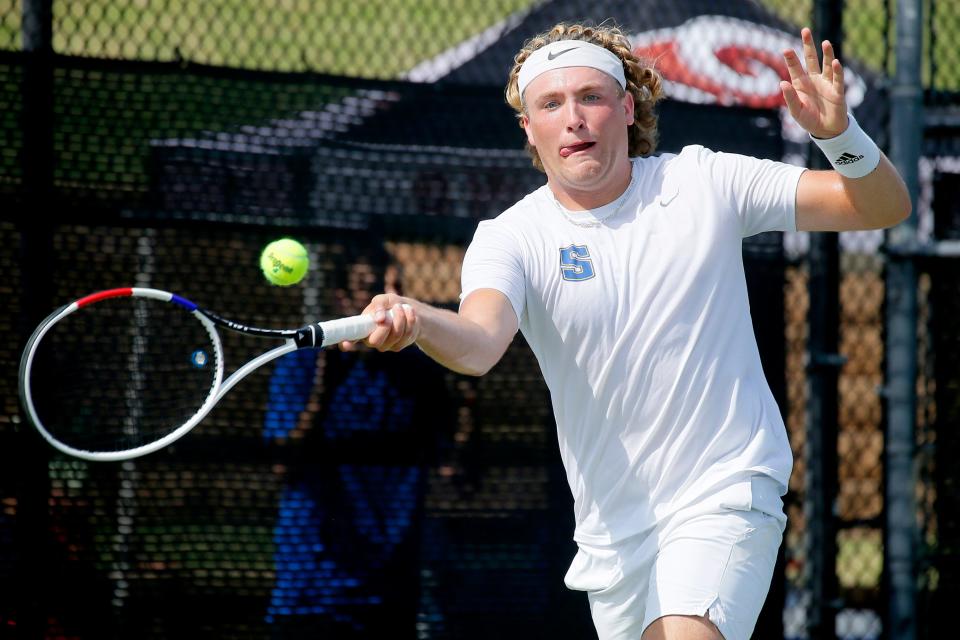 Stillwater's Braden Young plays in a 6A No. 1 singles match during the state tennis tournament at the Oklahoma City Tennis Center, Friday, May 13, 2022. 