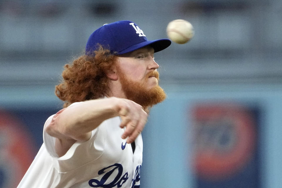 Los Angeles Dodgers starting pitcher Dustin May throws to the plate during the first inning of a baseball against the St. Louis Cardinals game Friday, April 28, 2023, in Los Angeles. (AP Photo/Mark J. Terrill)