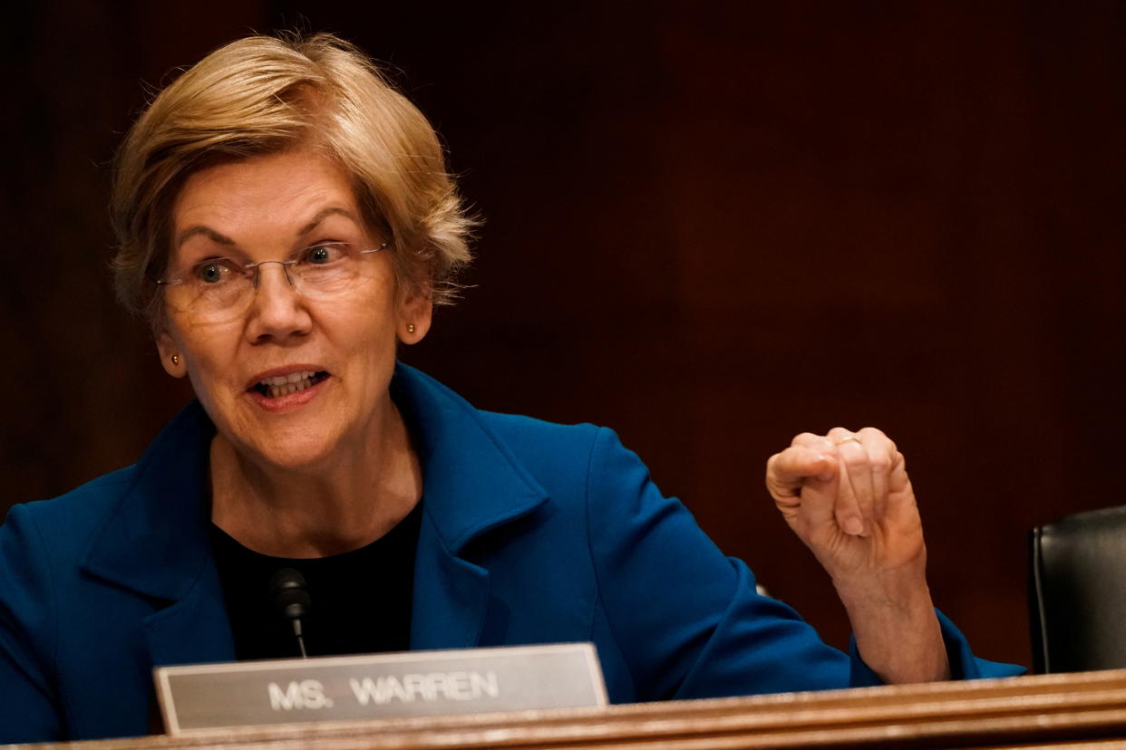 U.S. Senator Elizabeth Warren (D-MA) speaks during a Senate Banking, Housing and Urban Affairs Committee hearing with U.S. Treasury Secretary Janet Yellen on “Financial Stability Oversight Council Annual Report to Congress,” on Capitol Hill in Washington, U.S., May 10, 2022. REUTERS/ Elizabeth Frantz/Pool