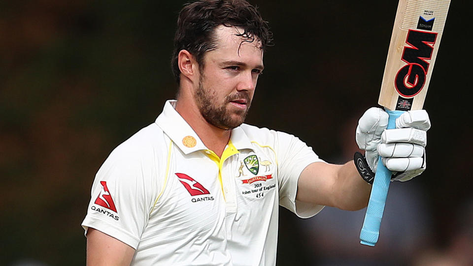 Travis Head celebrates his century in Australia's tour game. (Photo by Matthew Lewis/Getty Images)